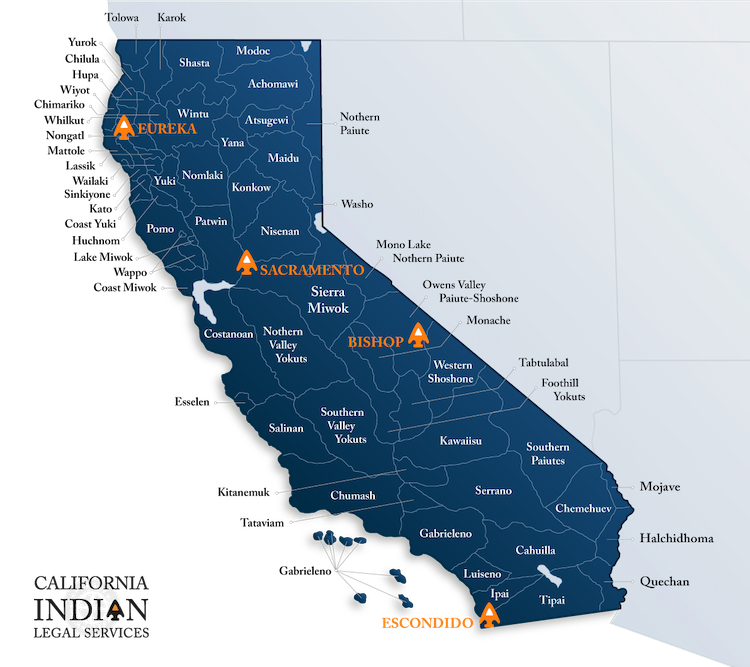 Map of tribal locations throughout California on blue background.