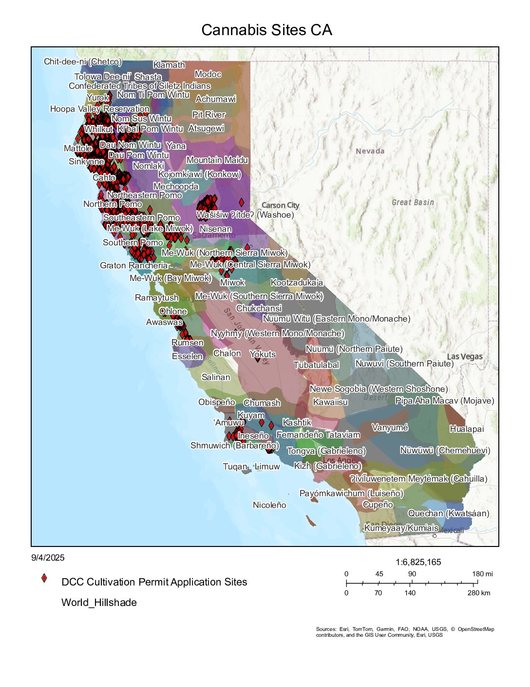 Map of California containing cannabis sites